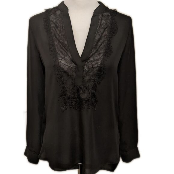 LC Lauren Conrad black polyester v-neck blouse, lace yoke, button down XS - Picture 1 of 7